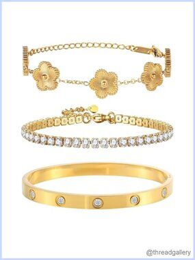 18K Gold Plated Bangle Bracelet Set Stackable Clover Tennis Women Gift